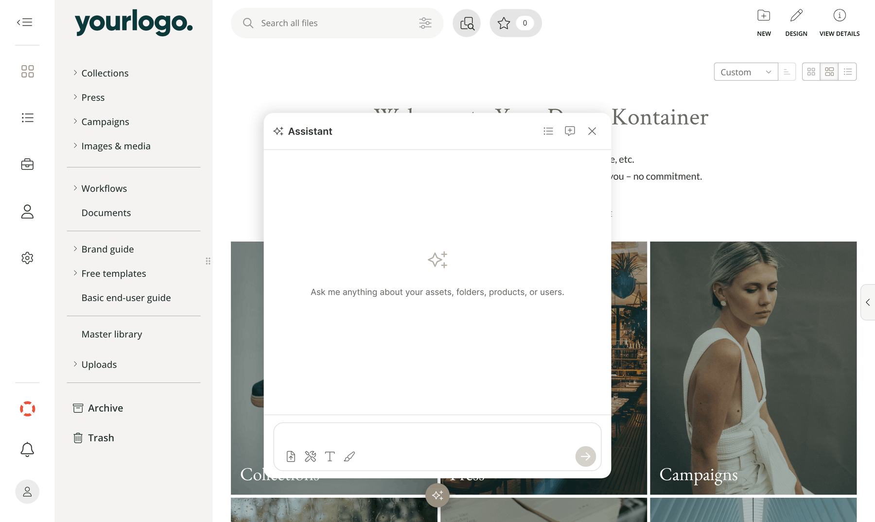 The Kontainer AI Assistant panel open over the DAM, reading Ask me anything about your assets, folders, products, or users, with a message box and a row of buttons for attaching files, tool permissions, prompts and the read-only toggle.