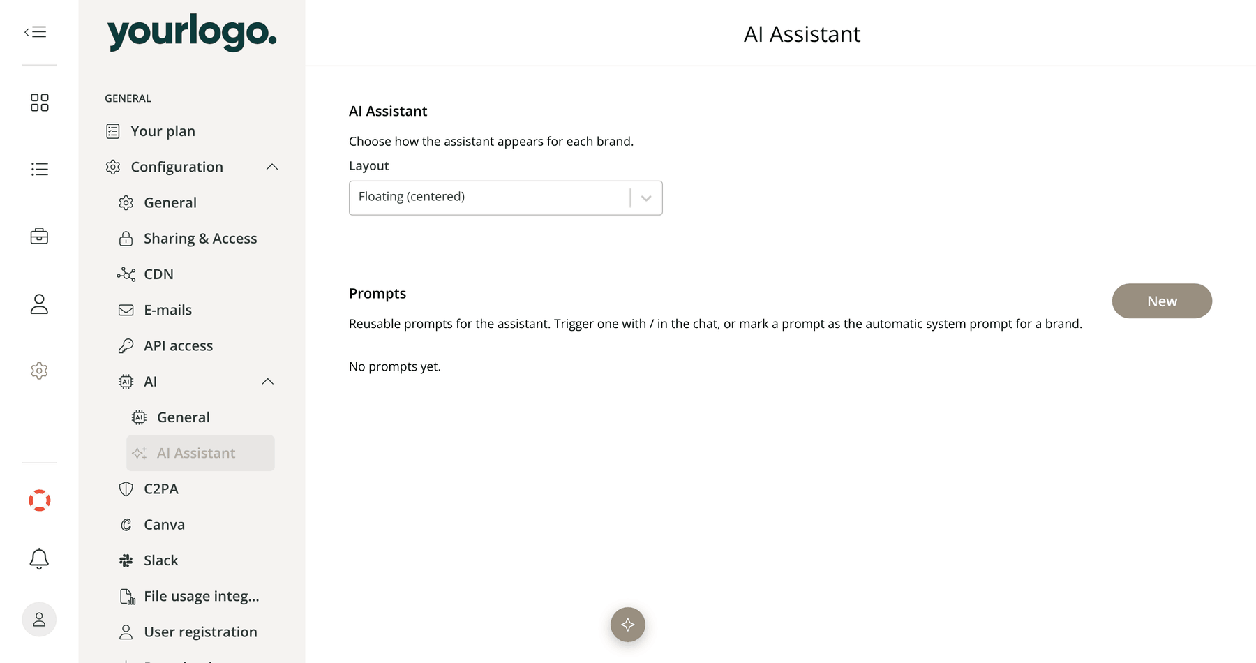 Kontainer settings with the Configuration menu expanded to AI and then AI Assistant. The AI Assistant page shows a Layout dropdown set to Floating (centered), and a Prompts section with a New button reading No prompts yet.